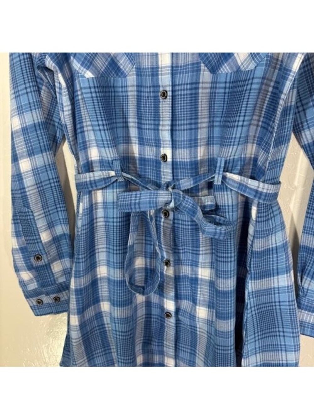 Dixxon Flannel Co. Shirt Dress Womens Small Blue Plaid Belted Long Sleeve - Picture 5 of 7